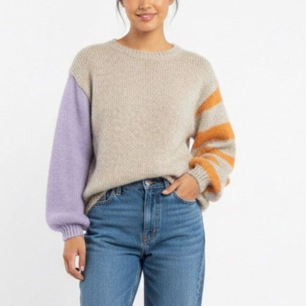 Easel NWT Beige Oversized Chunky Knit Colorful Sleeve Crewneck Sweater Sz S